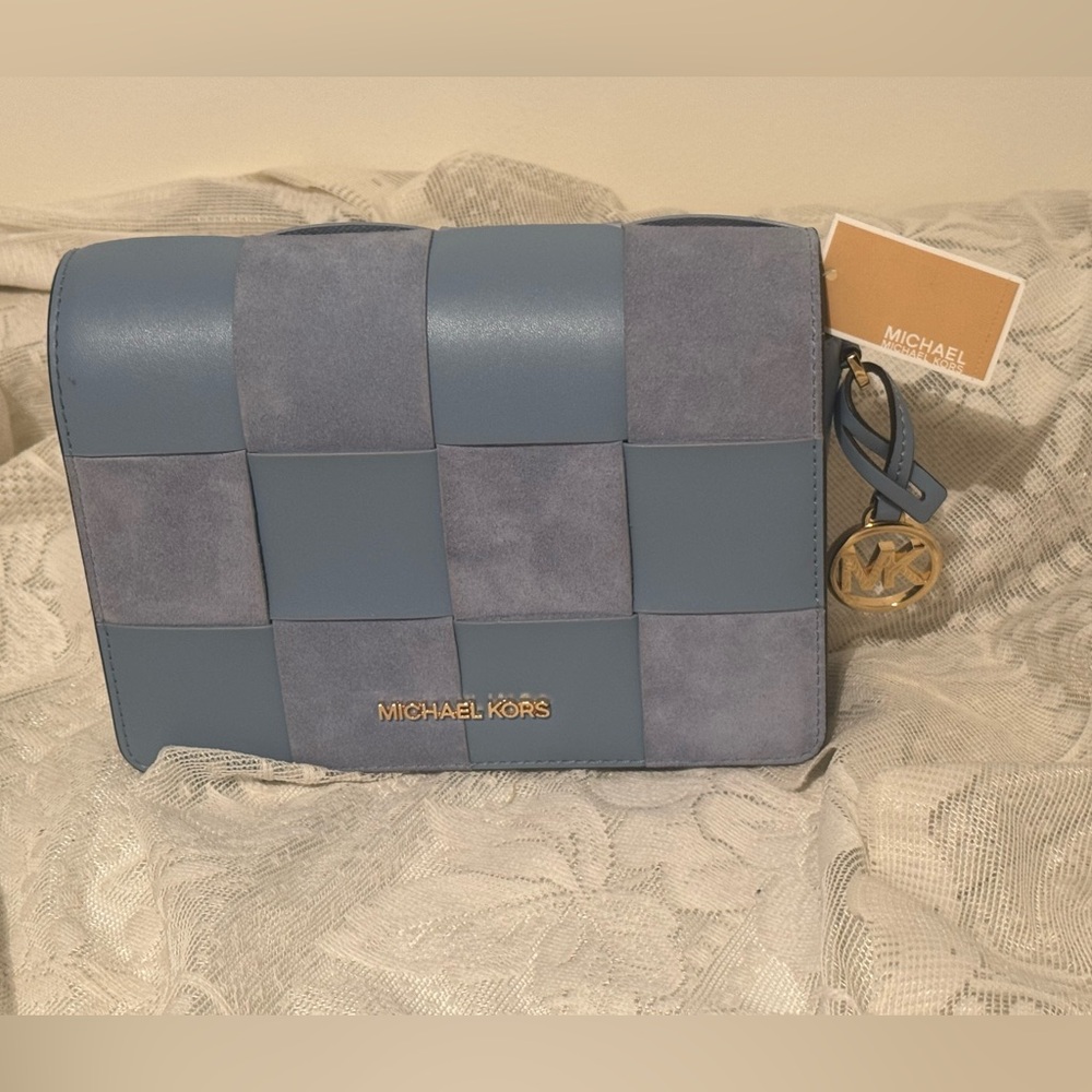 Michael Kors Mercer Crossbody Bag Clutch Small Woven Faux Leather & Suede Blue